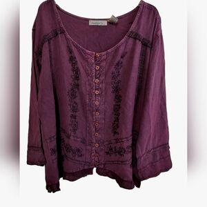 2220) Roaman's Textured Embroidery Purple Button down Long Sleeve Top Size 16W